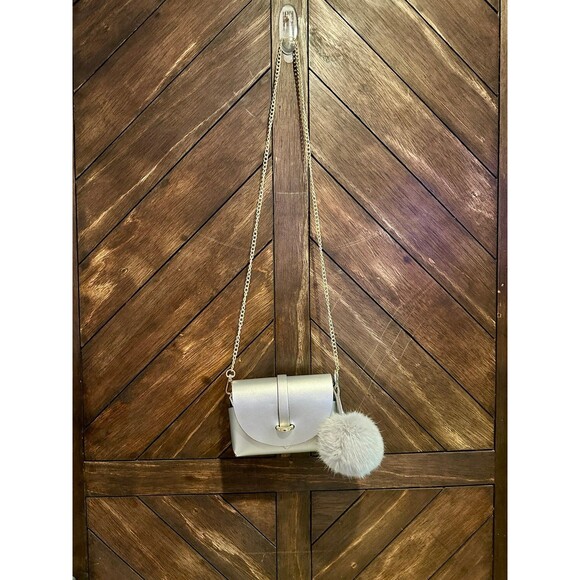 Handbags - Silver Vintage Genuine Italian Leather Crossbody Bag with Gold Chain  & Pom Pom